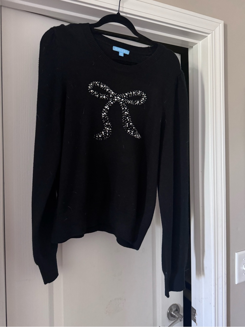 Draper James Black Crewneck Sweater with Rhinestone Bow